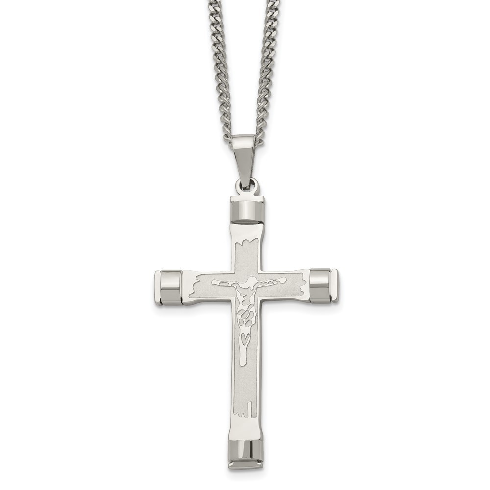 Chisel Stainless Steel Brushed Crucifix Pendant on a 22 inch Curb Chain Necklace